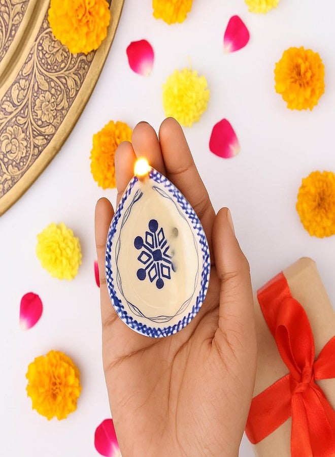 Indian-Shelf IndianShelf 6 Piece Diwali Diyas Blue and White Puja Oil Lamp Ceramic Diya Deepam Deepak Blue Pottery Bulk Diwali Gifts Home Temple Puja Articles Mandir Decor Diwali Housewarming Return Gift - Image 2